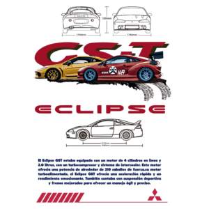 Imagem do Mitsubishi Eclipse GS-T, destacando seu design esportivo, motor turbo de 2.0 litros e especificações técnicas. O carro é apresentado em uma perspectiva lateral e frontal, com ênfase em seu desempenho e características de manuseio ágil.