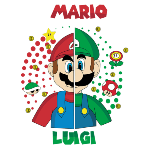Ilustração de Mario e Luigi, personagens icônicos dos videogames, divididos ao meio. Mario, à esquerda, veste vermelho e azul, enquanto Luigi, à direita, usa verde e azul. Elementos do jogo, como estrelas, moedas e cogumelos, estão ao redor dos personagens, destacando seu universo lúdico.