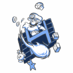 Imagem estilizada de Mario, personagem icônico dos videogames, saindo de um bloco com moedas, cogumelos e uma figura fantasmagórica. O design é em tons de azul e branco, destacando elementos clássicos do universo Mario.