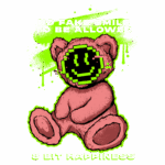 Imagem de um urso de pelúcia rosa com um rosto pixelado sorridente, cercado por detalhes gráficos em verde-luminoso. O texto destaca a mensagem "No Fake Smile to Be Allowed" e "8 Bit Happiness", refletindo uma estética de arte digital e uma crítica à autenticidade das emoções.