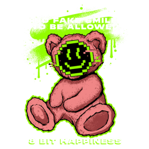 Imagem de um urso de pelúcia rosa com um rosto pixelado sorridente, cercado por detalhes gráficos em verde-luminoso. O texto destaca a mensagem "No Fake Smile to Be Allowed" e "8 Bit Happiness", refletindo uma estética de arte digital e uma crítica à autenticidade das emoções.