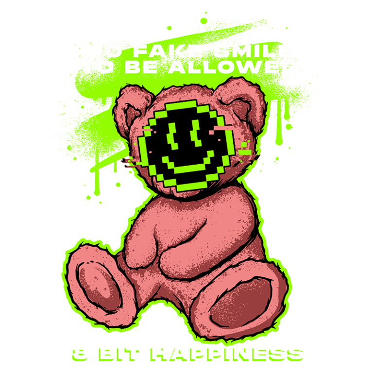 Imagem de um urso de pelúcia rosa com um rosto pixelado sorridente, cercado por detalhes gráficos em verde-luminoso. O texto destaca a mensagem "No Fake Smile to Be Allowed" e "8 Bit Happiness", refletindo uma estética de arte digital e uma crítica à autenticidade das emoções.