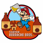 Imagem divertida de um personagem em estilo de desenho animado, famoso por seu chapéu vermelho e bigode, segurando um caneco de cerveja. Em destaque, frascos de "Caguamita Familiar" ao fundo e a frase "Super Borracho Bros." no estilo de jogos clássicos. Ideal para conteúdo relacionado a festas e temas de bebidas.