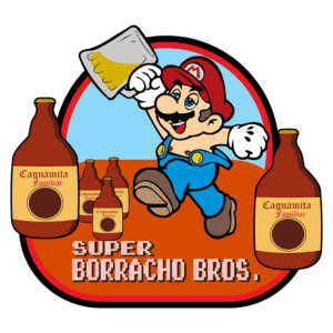 Imagem divertida de um personagem em estilo de desenho animado, famoso por seu chapéu vermelho e bigode, segurando um caneco de cerveja. Em destaque, frascos de "Caguamita Familiar" ao fundo e a frase "Super Borracho Bros." no estilo de jogos clássicos. Ideal para conteúdo relacionado a festas e temas de bebidas.
