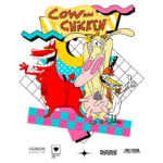 Imagem da série animada "Cow and Chicken", apresentando a vaca Cow, o frango Chicken e o personagem Red Guy em um fundo colorido e gráfico. Ideal para fãs de desenhos animados dos anos 90 e do Cartoon Network.