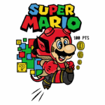 Ilustração do personagem Super Mario, vestido com um traje vermelho e capacete, saltando com moedas e blocos de perguntas ao fundo, destacando a pontuação de 100 pontos.