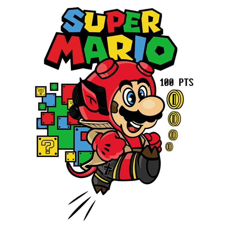 Ilustração do personagem Super Mario, vestido com um traje vermelho e capacete, saltando com moedas e blocos de perguntas ao fundo, destacando a pontuação de 100 pontos.
