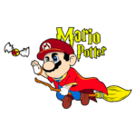 Imagem de um personagem inspirado no Mario, vestido como um mago, montado em uma vassoura. O texto "Mario Potter" aparece acima, combinando elementos do universo de Mario e Harry Potter.