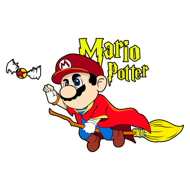 Imagem de um personagem inspirado no Mario, vestido como um mago, montado em uma vassoura. O texto "Mario Potter" aparece acima, combinando elementos do universo de Mario e Harry Potter.