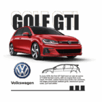 Imagem do Volkswagen Golf GTI em vermelho, destacando seu design esportivo com rodas de liga leve e grade frontal marcante. Abaixo, o logotipo da Volkswagen e informações sobre a história do modelo, incluindo seu lançamento em 1976 e especificações de desempenho.