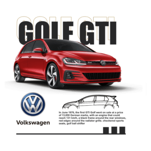 Imagem do Volkswagen Golf GTI em vermelho, destacando seu design esportivo com rodas de liga leve e grade frontal marcante. Abaixo, o logotipo da Volkswagen e informações sobre a história do modelo, incluindo seu lançamento em 1976 e especificações de desempenho.