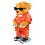 Urso de pelúcia estilizado usando um macacão laranja, óculos escuros e algemas, em uma pose divertida e ousada. Ideal para ilustrações de moda ou cultura pop.