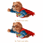 Ursa super-herói usando óculos, levantando o braço em ação, vestindo uma capa vermelha e camiseta azul com a palavra "HERO". Texto inspirador "Be YOUR Own Hero" abaixo da imagem. Ideal para temas de motivação e superação.