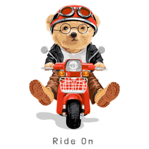 Urso estiloso em uma motocicleta vermelha, usando óculos e um capacete, vestido com jaqueta de couro. Ilustração divertida e colorida que transmite aventura e liberdade.