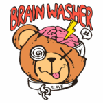 Desenho colorido de um ursinho com cérebro exposto, apresentando as palavras "BRAIN WASHER" em destaque e "SLAVE" em uma coleira, simbolizando temas de controle mental e criatividade.