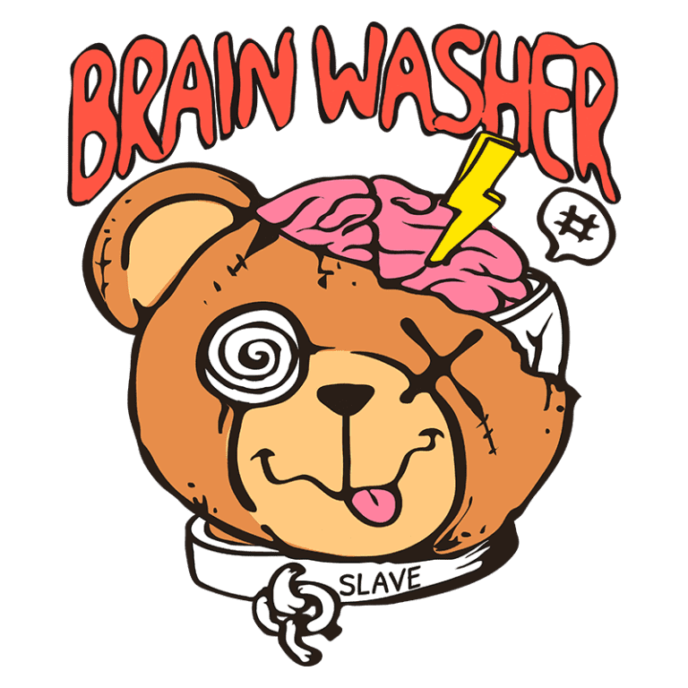 Desenho colorido de um ursinho com cérebro exposto, apresentando as palavras "BRAIN WASHER" em destaque e "SLAVE" em uma coleira, simbolizando temas de controle mental e criatividade.