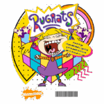 Imagem colorida de um personagem dos Rugrats, sorrindo e fazendo uma expressão animada, com fundo geométrico vibrante e a frase "Agora tenho responsabilidades, significa que não poderei me divertir pelo resto da minha vida". Logotipo da Nickelodeon na parte inferior.