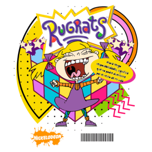 Imagem colorida de um personagem dos Rugrats, sorrindo e fazendo uma expressão animada, com fundo geométrico vibrante e a frase "Agora tenho responsabilidades, significa que não poderei me divertir pelo resto da minha vida". Logotipo da Nickelodeon na parte inferior.