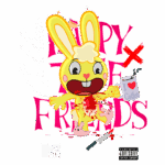 Ilustração de um coelho amarelo animado, com expressão exagerada e sangue, segurando uma caneca que diz "I love Coffee", com elementos gráficos coloridos ao fundo e a marca MTV. Ideal para temas de cultura pop e design gráfico.