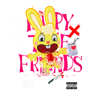 Ilustração de um coelho amarelo animado, com expressão exagerada e sangue, segurando uma caneca que diz "I love Coffee", com elementos gráficos coloridos ao fundo e a marca MTV. Ideal para temas de cultura pop e design gráfico.