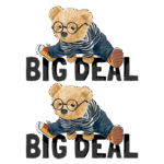 Ursinho estilizado usando óculos e roupa listrada, posicionado em cima da frase "BIG DEAL" repetida, com cores vibrantes e design divertido. Ideal para produtos infantis ou decoração.