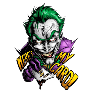 Ilustração do Coringa com cabelo verde e traje roxo, segurando um cartão enquanto expressa um sorriso maléfico. O texto "HERE'S MY CARD!" é destacado em cores vibrantes. Ideal para fãs de quadrinhos e cultura pop.