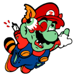 Personagem de videogame inspirado no Mario, com pele verde, vestindo macacão azul e camiseta vermelha, apresentando um olhar divertido e um toque sobrenatural. Ideal para temas de cultura pop e arte digital.