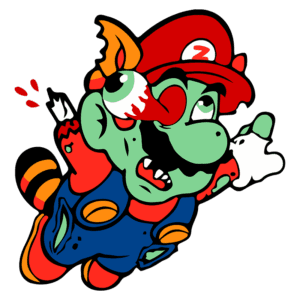 Personagem de videogame inspirado no Mario, com pele verde, vestindo macacão azul e camiseta vermelha, apresentando um olhar divertido e um toque sobrenatural. Ideal para temas de cultura pop e arte digital.