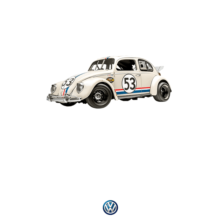 Imagem de um Volkswagen Beetle com o número 53, destacando o icônico design e legado histórico do carro, conhecido por sua engenharia confiável e estilo distinto, com desenhos técnicos ao fundo.