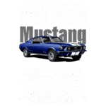 Imagem do Ford Mustang Shelby GT350, um icônico carro esportivo azul de 1967, com dimensões destacadas: 4.739 mm de comprimento, 1.511 mm de largura e 1.280 mm de altura. O design inclui detalhes como faixas brancas e uma frente agressiva, representando a herança do automobilismo.