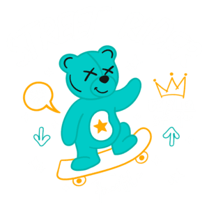 Ilustração de um urso azul em um skate, com a frase "Street Rider", destacando um estilo divertido e urbano. O urso está sorrindo e fazendo um gesto de animação, com elementos gráficos como estrelas e setas, transmitindo uma sensação de liberdade e diversão no skate.