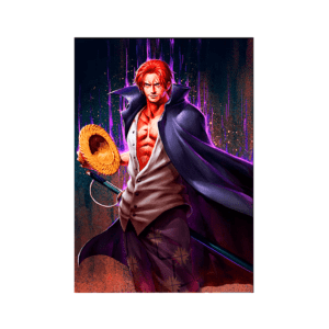 Imagem do personagem Shanks, de cabelo vermelho, segurando um chapéu de palha e vestido com uma camisa branca e um manto escuro, com um fundo vibrante e colorido. Shanks é uma figura carismática e poderosa do anime "One Piece".