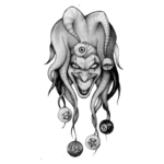 Ilustração de um palhaço sombrio com cabelos longos e ondulados, apresentando um sorriso ameaçador. O rosto é adornado com um olho no meio da testa e um chapéu de bobo da corte. Pendentes com símbolos místicos e números, como 420 e 8, aparecem abaixo. Arte em preto e branco, destacando os detalhes expressivos e a atmosfera inquietante.