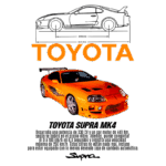 Imagem do Toyota Supra MK4 em laranja, destacando suas especificações técnicas, como potência de 330 CV e motor de 440 Nm. O design inclui detalhes como um aerofólio traseiro e rodas esportivas, além de medidas de 2550 mm de distância entre eixos e 4515 mm de comprimento.