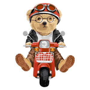 Urso estilizado pilotando uma scooter vermelha, usando jaqueta de couro, óculos e capacete, transmitindo uma vibe divertida e aventureira. Ideal para ilustrações infantis ou temas de motocicletas.