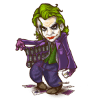 Ilustração do personagem Coringa com cabelo verde e maquiagem marcante, vestindo um terno roxo e segurando cartas de baralho, com explosivos visíveis em seu colete. Ideal para temas de quadrinhos e cultura pop.