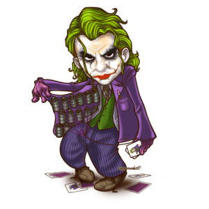 Ilustração do personagem Coringa com cabelo verde e maquiagem marcante, vestindo um terno roxo e segurando cartas de baralho, com explosivos visíveis em seu colete. Ideal para temas de quadrinhos e cultura pop.