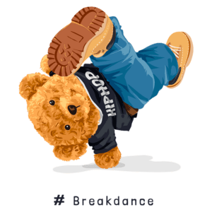 Urso de pelúcia dançando breakdance, vestindo camiseta com a palavra "HIP HOP" e calças azuis, em fundo verde.