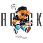 Ursinho de pelúcia estilizado tocando guitarra elétrica, usando óculos escuros e jaqueta de couro, com a palavra "ROCK" ao fundo. Design divertido e moderno, ideal para amantes de música e cultura pop.