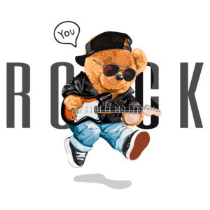 Ursinho de pelúcia estilizado tocando guitarra elétrica, usando óculos escuros e jaqueta de couro, com a palavra "ROCK" ao fundo. Design divertido e moderno, ideal para amantes de música e cultura pop.