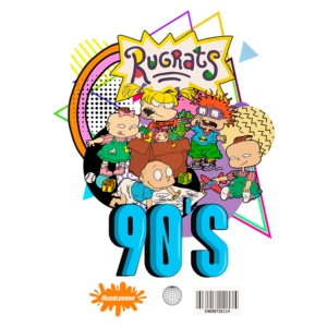 Imagem colorida do desenho animado "Rugrats", representando personagens icônicos dos anos 90, com o título "90's" em destaque. Ideal para fãs de nostalgia e cultura pop.