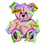 Ursinho de pelúcia rosa decorado com palavras como "amor", "devotado", "amizade" e "carinhoso", simbolizando afeto e ternura, em fundo colorido e vibrante.