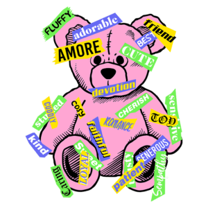 Ursinho de pelúcia rosa decorado com palavras como "amor", "devotado", "amizade" e "carinhoso", simbolizando afeto e ternura, em fundo colorido e vibrante.