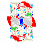 Ilustração colorida do personagem Mario segurando um cogumelo verde e uma ferramenta, com um fundo vibrante que destaca elementos do universo dos videogames.