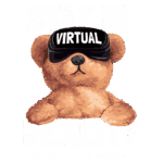 Urso de pelúcia usando óculos de realidade virtual com a frase "Stay in Virtual Reality where dreams happen", representando a imersão em mundos virtuais e a diversão dos jogos.