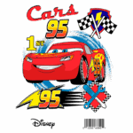 Imagem do carro relâmpago McQueen, do filme Cars da Disney, exibindo o número 95 e a posição 1ª. O design inclui bandeiras de corrida, uma chave inglesa e gráficos dinâmicos coloridos. Ideal para fãs de automobilismo e animações.
