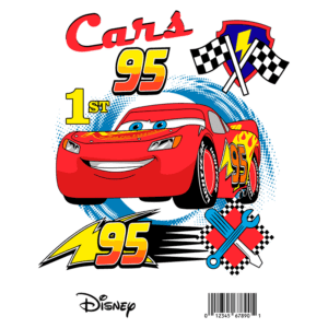 Imagem do carro relâmpago McQueen, do filme Cars da Disney, exibindo o número 95 e a posição 1ª. O design inclui bandeiras de corrida, uma chave inglesa e gráficos dinâmicos coloridos. Ideal para fãs de automobilismo e animações.