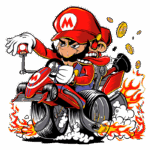 Mario dirigindo um kart em alta velocidade, com chamas e fumaça saindo dos pneus, enquanto coleciona moedas. Estilo cartoon vibrante e dinâmico.