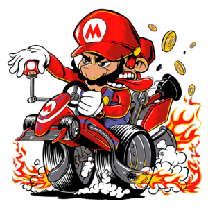 Mario dirigindo um kart em alta velocidade, com chamas e fumaça saindo dos pneus, enquanto coleciona moedas. Estilo cartoon vibrante e dinâmico.