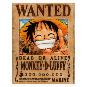 Pôster de procura de Monkey D. Luffy, personagem do anime One Piece, com a inscrição "Wanted: Dead or Alive" e recompensa de $300.000.000, destacando seu sorriso e dedo indicador.